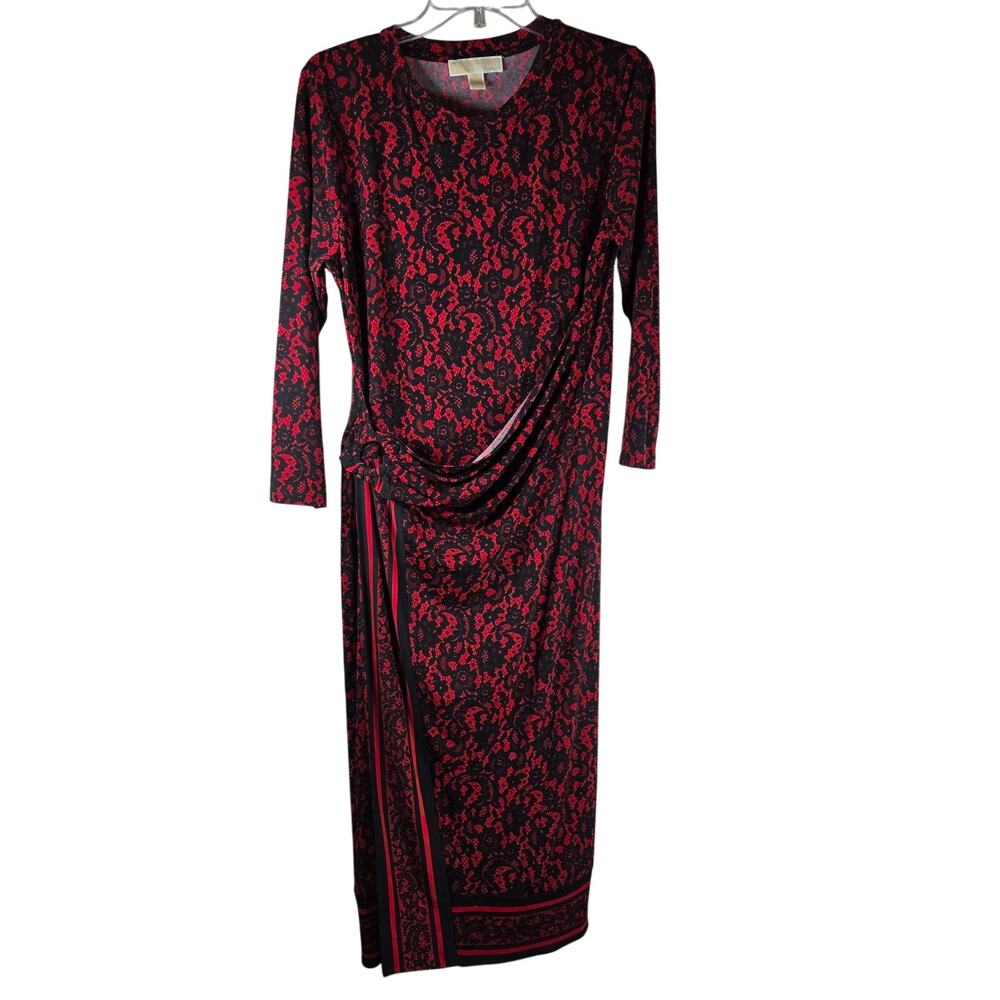 Michael Kors Dress Women's Large Red Black Lace Print Faux Wrap Midi Long Sleeve